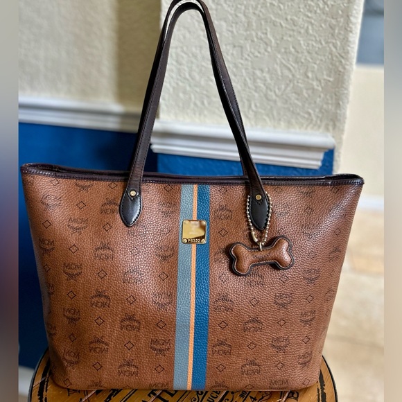 MCM Visetos Dog Bone Striped Shopper Tote Bag Cognac Brown & Blue - Picture 9 of 16